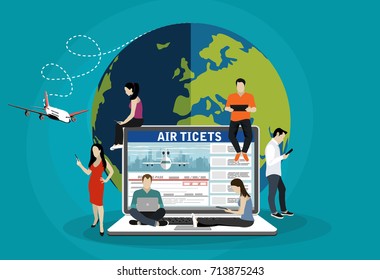 Booking air tickets online concept design.Flat illustration of young men and women standing near big laptop and using their own smartphone for ordering air tickets cab via mobile app and paying online