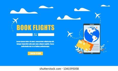 Booking Airline Tickets Online Startup Flat Vector Horizontal Web Banner Template with Flights Routes Searching Form. Airline Company, Travel Agency Internet Service, Mobile Application Landing Page