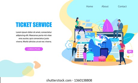 Booking Airline Tickets Service Flat Vector Web Banner, Landing Page. People Searching Flight Schedules Online with Smartphone, Reserving Hotel Room, Booking Airline Tickets in Internet Illustration