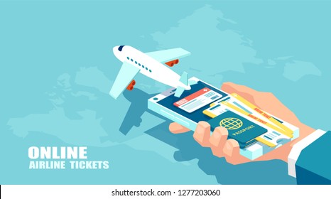Booking airline tickets and traveler insurance online concept. Vector of travel, business flights worldwide. Boarding pass 