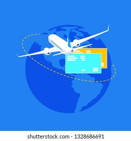 Booking Airline Tickets, Traveling World by Air, Business Jet Flight Service Flat Vector Concept with Passenger Airliner Flying around Globe and Flight Pass on Blue Background. international Tourism