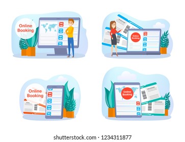 Booking airplane ticket online on device set. Flight and travel concept. Summer holiday planning. Isolated flat vector illustration