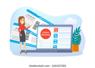 Booking airplane ticket online on device. Flight and travel concept. Summer holiday planning. Isolated flat vector illustration