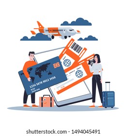 Booking airplane ticket online on device. Flight and travel concept. Summer holiday planning. Isolated flat illustration