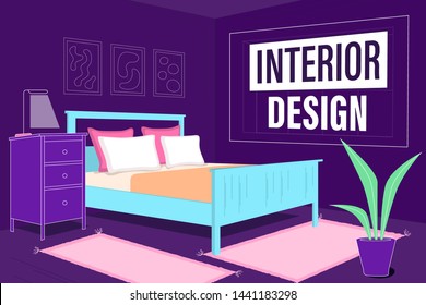 Booking Apartment. Bright and Vivid Interior Design. Room Indoor Trendy Ultraviolet Drawing.