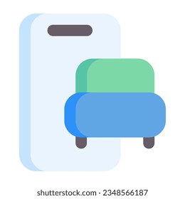 Booking app in flat icon. Hotel reservation, mobile, smartphone, bed, travel