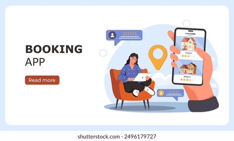 Booking application poster. Female tourist chooses hotel, books room. Active lifestyle and tourism. Vacation and holiday, travel. Landing webpage design. Flat vector illustration