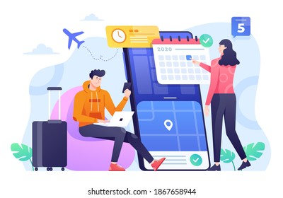 Booking Appointment Illustration, Scheduling for a Flight. This illustration can be use for website, landing page, web, app, and banner.