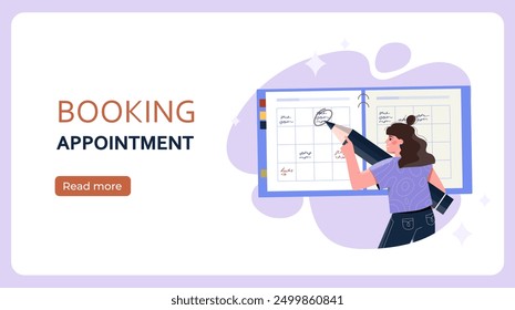 Booking appointment poster. Woman with huge pencil tracing text on notepad page. Time management and organizing effective work process. Landing webpage design. Flat vector illustration