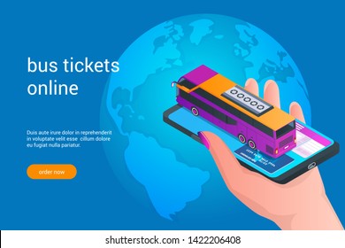 Booking bus tickets online. Hand holding a mobile phone with bus. Isometric vector illustration.