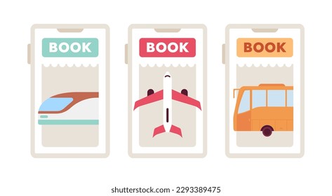 Booking bus, train, plane tickets app flat concept vector spot illustration set. Editable 2D cartoon objects on white for web UI design. Reservation creative hero image pack. Jost Extrabold font used