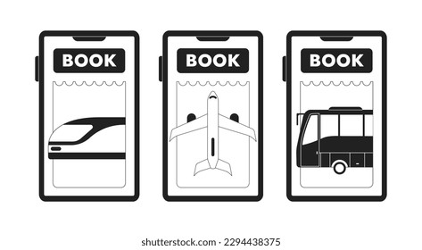 Booking bus, train, plane tickets app monochrome concept vector spot illustration set. Editable 2D flat bw cartoon objects for web UI design. Onboard linear hero image pack. Jost Extrabold font used