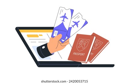 Booking and buying air flight tickets, trip, holiday travel online. Airline boarding pass with passport, documents, plane checkin in internet. Flat vector illustration isolated on white background.