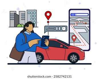 Booking a car to go home concept. Woman carsharing car with mobile app, pop up estimating arrived, holding smartphone in hands, urban lifestyle, city transportation, vehicle rental, 