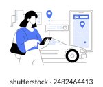 Booking a car isolated cartoon vector illustrations. Woman carsharing car with mobile app, holding smartphone in hands, urban lifestyle, city transportation, vehicle rental vector cartoon.