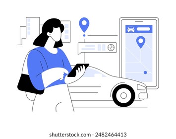 Booking a car isolated cartoon vector illustrations. Woman carsharing car with mobile app, holding smartphone in hands, urban lifestyle, city transportation, vehicle rental vector cartoon.