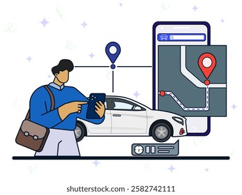 Booking a car on apps concept. A man carsharing of car on GPS maps with mobile app, holding smartphone in hands, pop up estimating time arrived, city transportation, vehicle rental, ride to home. 