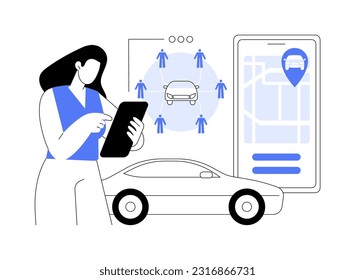 Reservar una ilustración de vector de concepto abstracto de coche de transporte de carga. Mujer joven que usa servicios de carsharing con ayuda de una aplicación para smartphones, transporte comercial de la ciudad, metáfora abstracta del transporte urbano.