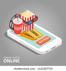 Booking cinema tickets online concept vector isometric illustration. Movie theater symbols clapperboard, popcorn, 3D glasses, soda, tickets, buy now button placed on smartphone screen.