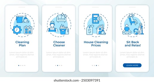 Booking cleaner blue onboarding mobile app screen. Walkthrough 4 steps editable graphic instructions with linear concepts. UI, UX, GUI template