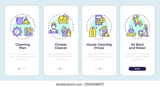 Booking cleaner onboarding mobile app screen. Cleaning plan. Walkthrough 4 steps editable graphic instructions with linear concepts. UI, UX, GUI template