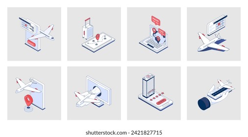 Booking concept of isometric icons in 3d isometry design for web. Airline tickets searching and buying at mobile app, ordering baggage transportation, hotel room reservation. Vector illustration