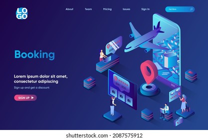 Booking concept isometric landing page. Travelers searching and booking tickets to airplane, online reservation service 3d web banner template. Vector illustration with people scene in flat design