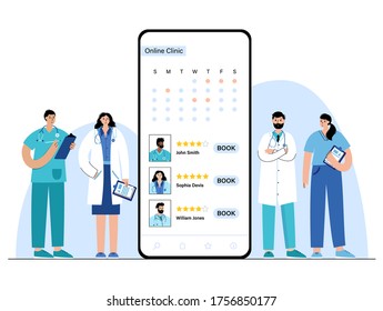 Booking doctors in online clinic. Team of specialists is ready to help via smartphone. Flat vector illustration. Medical poster for remote consult from home. Adult male and female cartoon characters