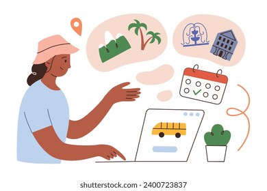 Excursión por Internet, viaje de turismo por computadora, viaje de mujer comprando un bus composición dibujada a mano, ilustración vectorial de diferentes viajes, clipart de color sobre fondo blanco