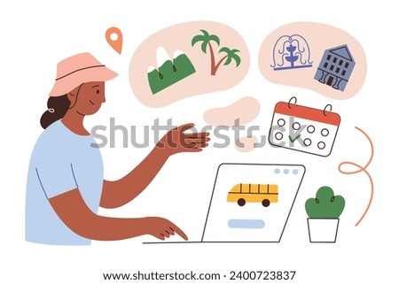 Booking excursion online, tourist choosing field trip on computer, woman traveler buying bus tour hand drawn composition, vector illustration of different trips, colored clipart on white background