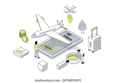 Booking flight 3d isometric concept in outline isometry design for web. People choosing travel destination, buying tickets to plane with luggage, boarding registration in app. Vector illustration.