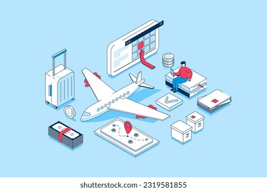 Booking flight concept in 3d isometric design. People choosing travel destination and creating route, ordering and buying tickets to plane. Vector illustration with isometry scene for web graphic