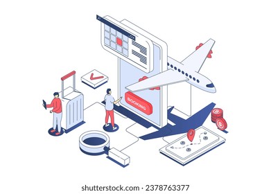 Concepto de vuelo de reserva en diseño isométrico 3d. Viajeros planificando viajes, escogiendo destino turístico, haciendo pedidos y comprando billetes de avión. Ilustración vectorial con escena de personas isométricas para gráfico web