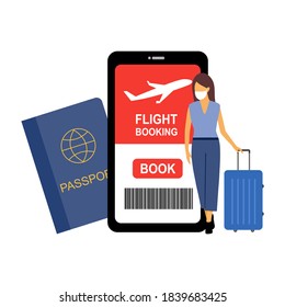 Booking a flight on phone via mobile app concept vector illustration on white background. Flight ticket online on smartphone. Woman traveling with luggage and passport in flat design.