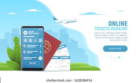 Booking flight online concept. Buying ticket with smartphone. Online registration. Buying ticket to flight for travel, airplane trip. Vector illustration.