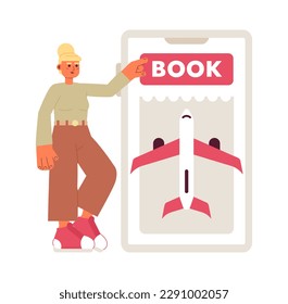 Booking flight over phone flat concept vector spot illustration. Editable 2D cartoon character on white for web UI design. Passenger purchasing ticket creative hero image. Jost Extrabold font used