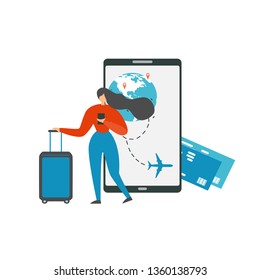 Booking Flight Tickets with Cellphone Flat Vector Concept Isolated on White Background. Traveling Woman Searching Flight Schedule , Planing Travel with Mobile Application on Cellphone Illustration