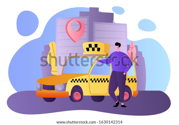 Booking or greeting a car trip online\
concept with a traveler standing and explaining the route.\
Illustration for taxi application, vector\
illustration