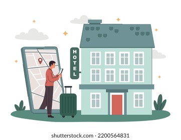 Booking hotel concept. Man with smartphone chooses place to stay, tourist in another country. Leisure and vacation, travel and trip. Search apartment on internet. Cartoon flat vector illustration