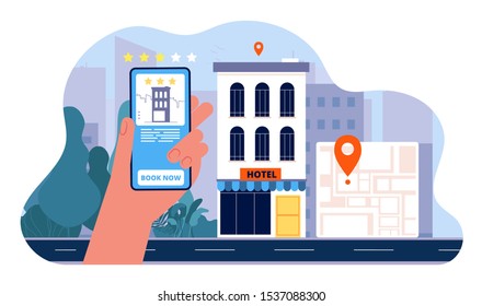 Booking hotel concept. People ordered hotel from smartphone and going to vacation vector flat pictures