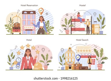 Booking a hotel concept set. Traveling and tourism planning. Booking apartment for vacation abroad. Affordable modern hostel service. Flat vector illustration