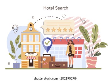 Booking a hotel concept. Traveling and tourism planning. Booking apartment for vacation abroad. Affordable modern hotel service. Flat vector illustration