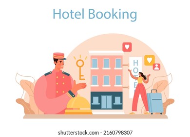 Booking a hotel concept. Traveling and tourism planning. Booking apartment for vacation abroad. Affordable modern hostel service. Flat vector illustration