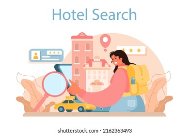 Reservar un concepto de hotel. Planificación de viajes y turismo. Apartamento de reserva para vacaciones en el extranjero. Servicio de albergue moderno a precios asequibles. Ilustración vectorial plana