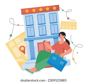 Booking hotel concept. Woman with briefcase in front of building with star rating, user and customer reviews. Tourist on holiday, vacation. Online tourism planning. Cartoon flat vector illustration