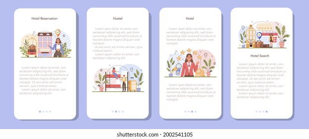 Booking a hotel mobile application banner set. Traveling and tourism planning. Booking apartment for vacation abroad. Affordable modern hostel service. Flat vector illustration