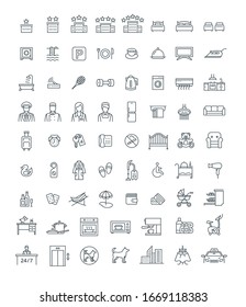 Booking hotel, motel or hostel room with services thin line vector icons. Rent an apartment with private facilities while traveling. Black outline symbols. Simple linear pictograms