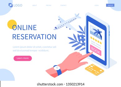 Concepto de hotel de reserva online. Se puede usar para banner web, infografías, imágenes de héroes. Ilustración vectorial isométrica plana aislada en fondo blanco.