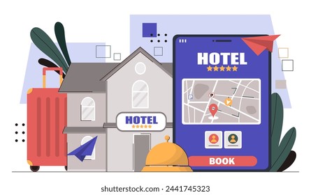 Booking hotel online concept. Mobile application for travellers and tourists. Holiday and vacation. Rent of rooms and apartments. Cartoon flat vector illustration isolated on white background