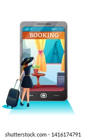 Booking hotel online flat vector illustration. Young girl uses smartphone for online reservation. Cartoon tourist with suitcase. Paris hotel with Eiffel Tower view. Mobile service for traveling 